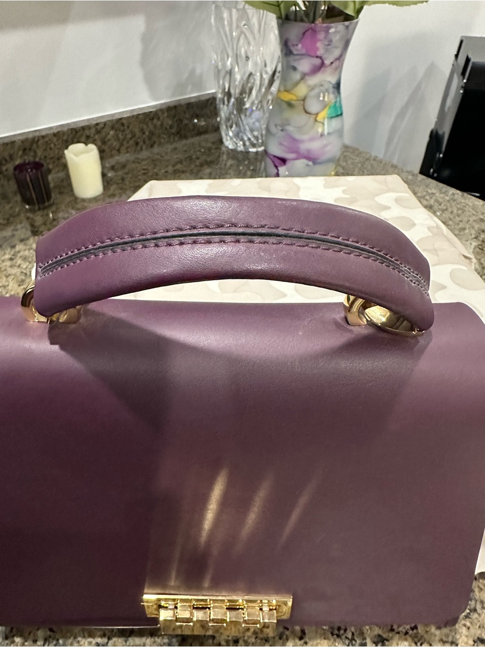 Zac Posen Plum Structured Top-Handle Satchel with Gold Hardware - Picture 10 of 12